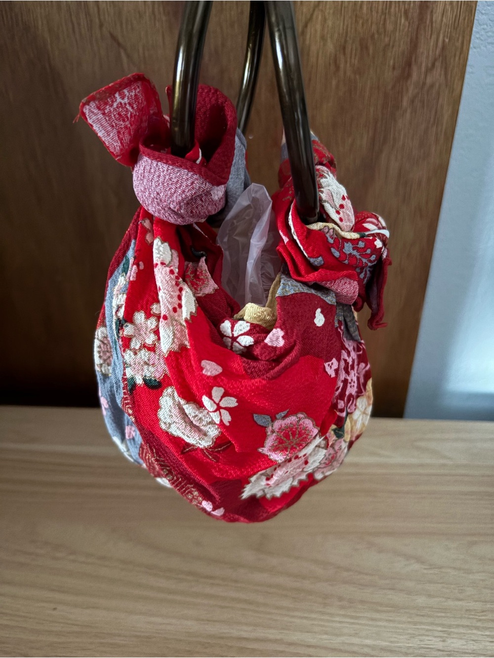 Red Small FUROSHIKI Bag with Brown Plastic Rings from Japan - Picture 2 of 9
